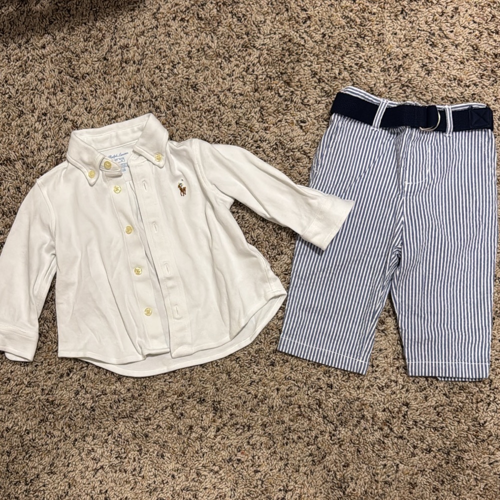 Ralph Lauren White Button-Up Shirt and Striped Pants Set